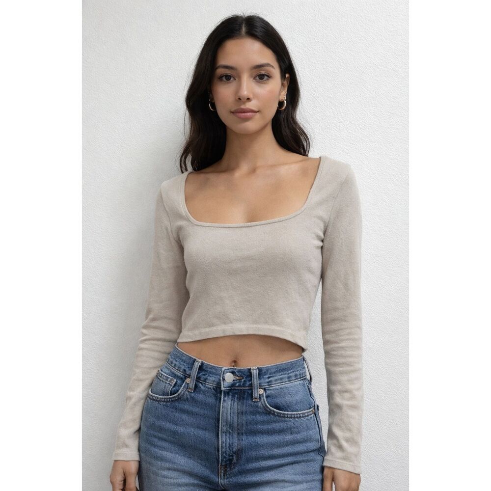 Babaton Sculpt Knit Squareneck Long Sleeve Crop Top Size Small Matte Pearl